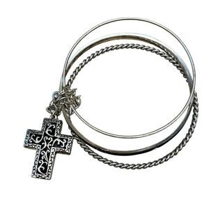 Vintage Silver Tone Bangle Bracelet Stack 3pc Filigree Cross Charm Boho Western